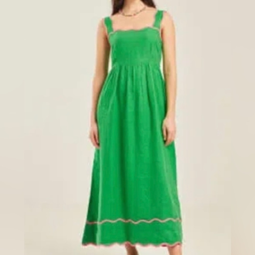Pink City Prints Parrot Green Linen Sun Dress Pink Scalloped Trim Small S - Picture 1 of 5